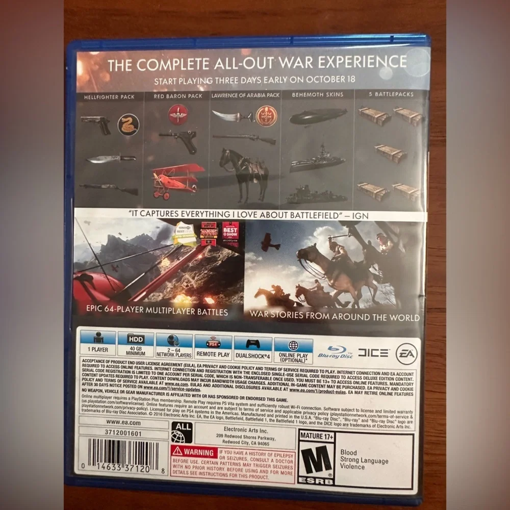 Battlefield 1 Early Enlister Deluxe Edition Sony Playstation 4 PS4 with Manual